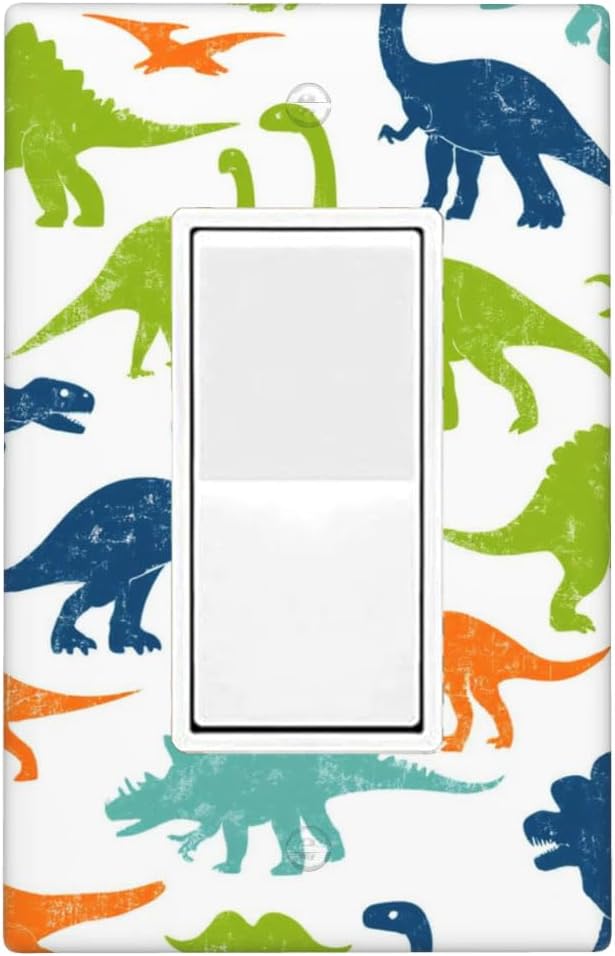 Colorful Dinosaur 1-Gang Rocker Wall Plate, Watercolor Blue & Green Dinosaur Cartoon Decorative Switch Plate for Boys Bedroom, Playroom & Nursery