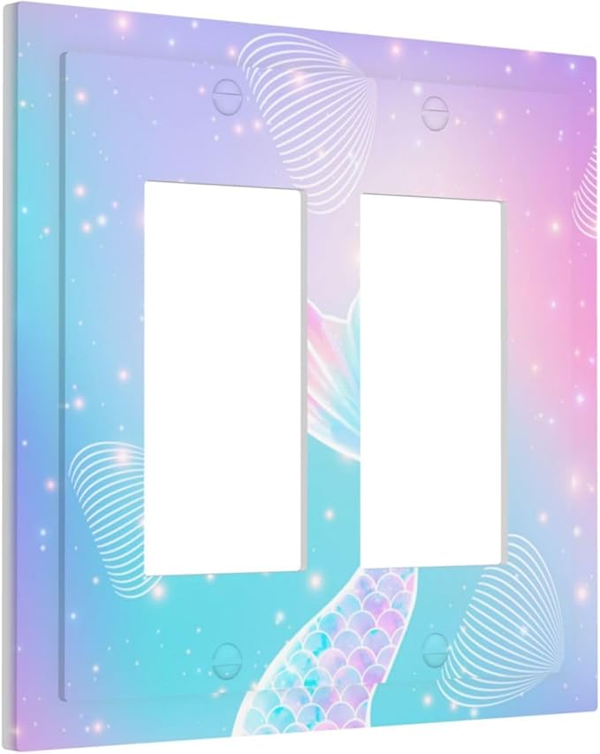 Mermaid Double Rocker Light Switch Cover Rainbow Tail Scales Jelly Fish 2 Gang Outlet Covers Switchplates Decorative Electrical Wall Plate for Nursery Girls Boys Room Kids Room