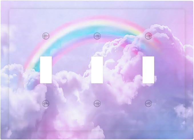 Rainbow in the Clouds Triple Toggle Wall Plates Pink Art Panel 3 Gang Light Switch Cover Decorative Purple Cloud Electrical Switchplate Faceplate Cute Dimmer for Bedroom Kidroom Nursery Decor