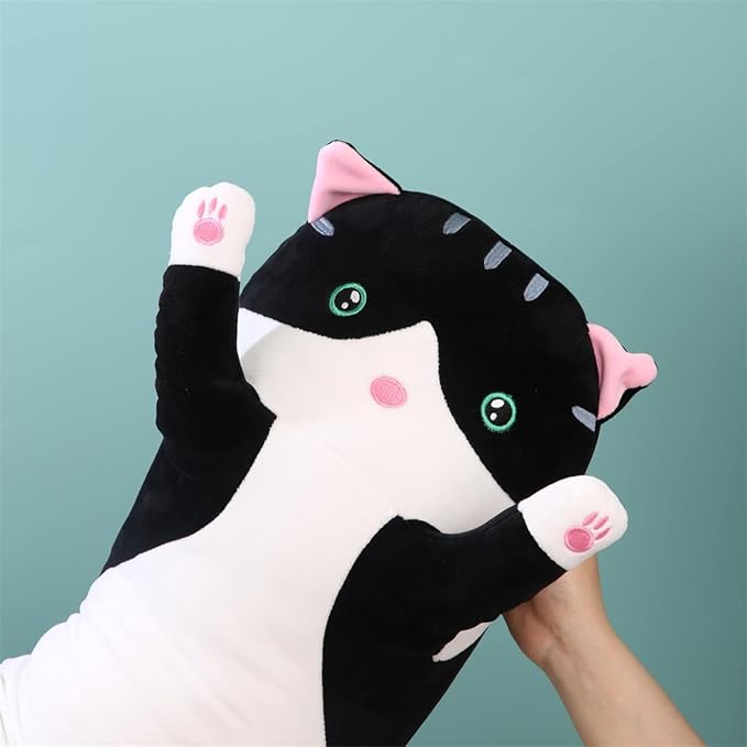 Giant Cat Pillow Plush Cartoon Kitty Sleeping Hugging Pillow, Cuddly Soft Long Kitten Body Pillow Doll Cat Cushion Toy for Kids Girlfriend (Black, 70cm/ 27.55inch)