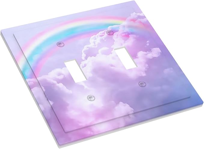 Rainbow in the Clouds 2 Gang Double Toggle Wall Plates Pink Art Panel Light Switch Cover Decorative Purple Cloud Electrical Switchplate Faceplate Cute Dimmer for Bedroom Kidroom Nursery Decor