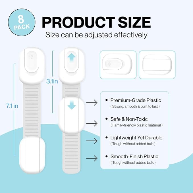 Fridge Strap Lock for Kids (8 Pack) Child Proof Fridge Locks with Strong 3M Adhesive, Baby Proof Refrigerator & Cabinet Safety Locks for Toddlers and Adults