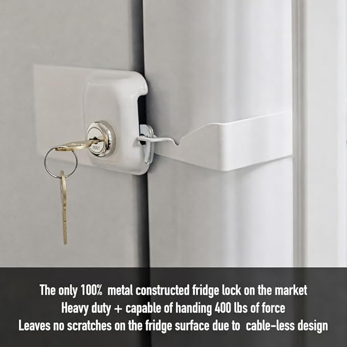 Child Proof Fridge Lock with Key | 100% Metal Refrigerator Lock for Toddlers & Kids | 400 lbf 3M Adhesive No-Drill | Baby Safety Freezer Cabinet Lock (1 Pack, White)