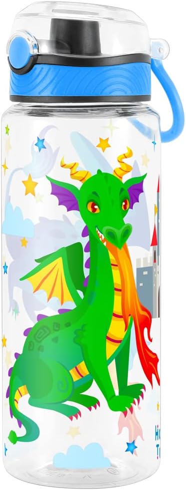 Home Tune Cute Water Bottle for School Kids Girls, BPA FREE Tritan & Leak Proof & Easy Clean & Carry Handle, 23oz/ 680ml (Fire Dragon)
