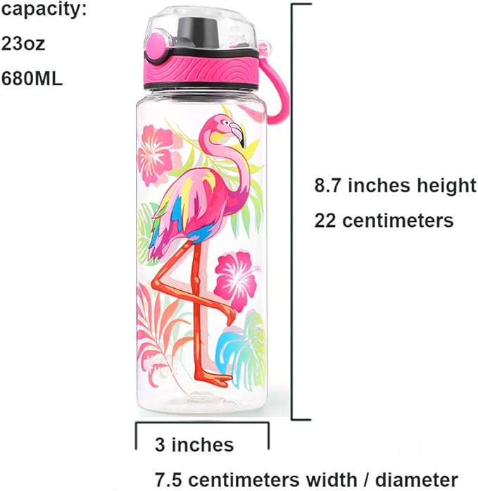 Home Tune Cute Water Bottle for School Kids Girls, BPA FREE Tritan & Leak Proof & Easy Clean & Carry Handle, 23oz/ 680ml - Flamingo