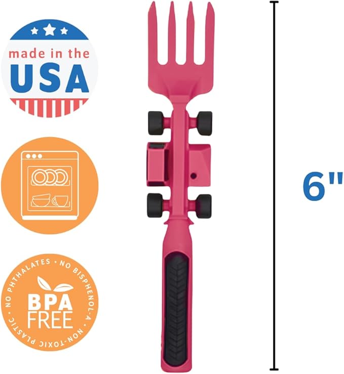 Constructive Eating Plate and Utensils Set - USA-Made Toddler Dinnerware with Divided Plates (Pink Construction)