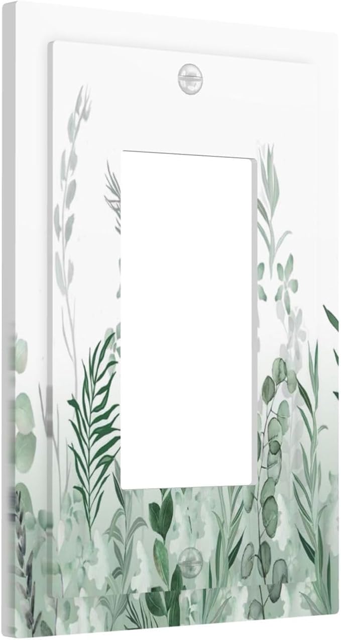 Watercolor Green Leaf Rustic Plant Eucalyptus Flowers Decorative Outlet Covers 1 Gang Single Rocker Light Switch Cover Plate Wall Plates GFCI Faceplate for Bed Room Living Room Decor