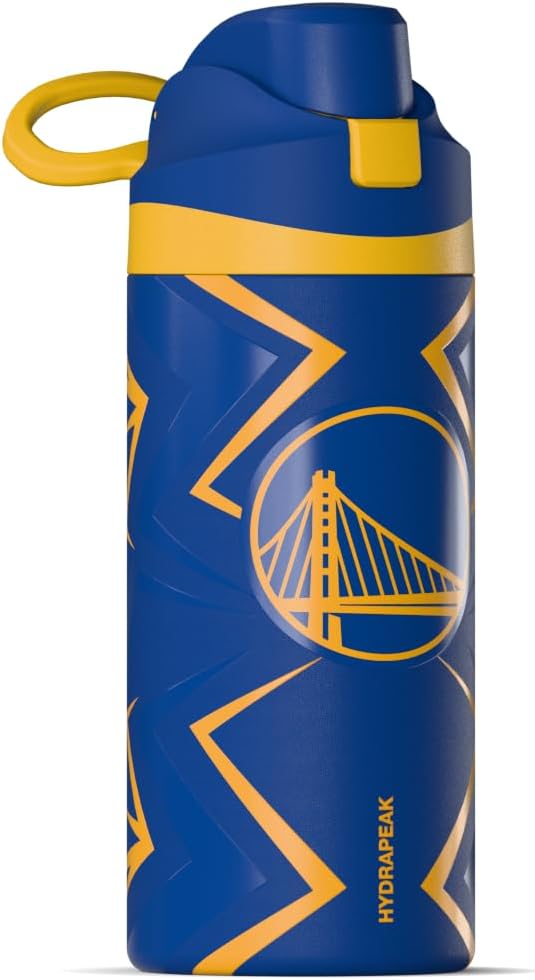 Hydrapeak x NBA Officially Licensed Golden State Warriors Oasis 20 oz Insulated Kids Water Bottle, Stainless Steel Water Bottle Kids with Chug Lid, Push Button