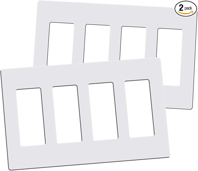 4-Gang Screwless Decorator Wall Plates, Decorative Child Safe Outlet Covers, Standard Size 4.68" x 8.32" Hidden Screw Switch Plate, Unbreakable Thermoplastic (2 Pack, Gloss White)
