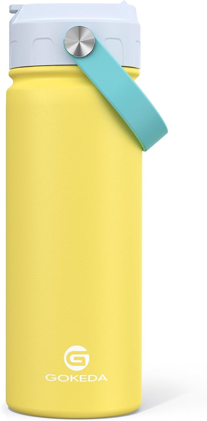 GoKEDA 18oz Kids Water Bottle, Insulated Bottles with Stickers, 18/8 Stainless Steel Vacuum Leak Proof Straw Cup for School, Gifts for Boys Girls(BlueYellow)