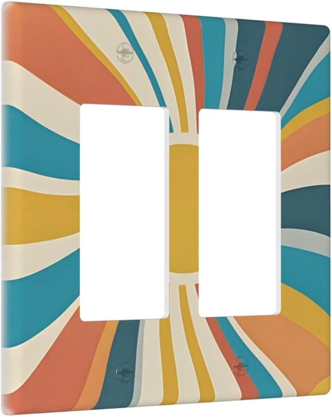 Decorative Outlet Covers with Retro Mid-Century Modern Sunburst Motif Design 2 Gang Wall Plate Double Rocker Light Switch Cover Switch Plate Cover for Abstract Teal/Yellow/Orange Wall Decor