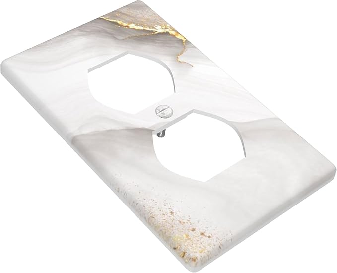 White Gold Gray Marble 1-Gang Duplex Wall Plate, Modern Decorative Outlet Cover for Kitchen, Bathroom, Living Room & Bedroom