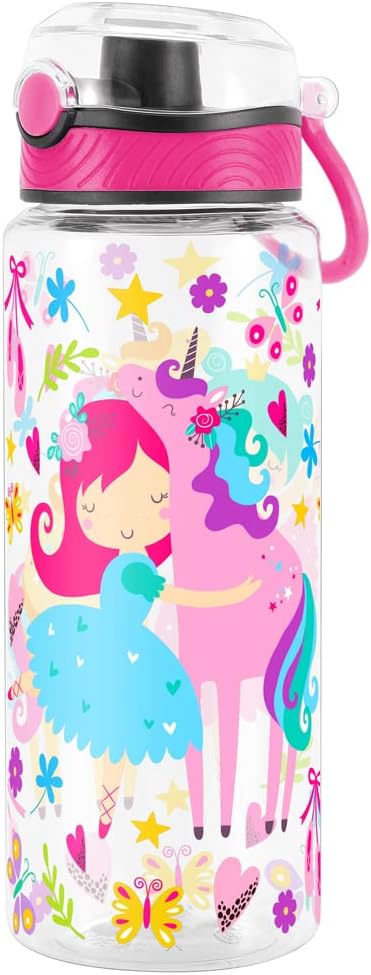 Home Tune Cute Water Bottle for School Kids Girls, BPA FREE Tritan & Leak Proof & Easy Clean & Carry Handle, 23oz/ 680ml - Girl & Unicorn