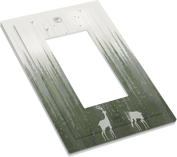 Green Pine Tree Deer Country forest Bird Nature Mist Decorative Outlet Covers 1 Gang Single Rocker Wall Plates Gfci Faceplate Light Switch Cover Plate for Bedroom Home Decor