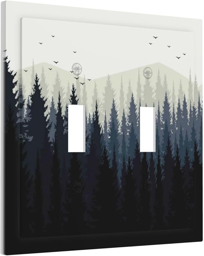 Decorative Switch Plates Forest Pine Tree Mountains Black Bird 2 Gang Double Toggle Outlet Light Switch Cover Wall Plate Electrical Faceplate For Bed Room Farmhouse Decor