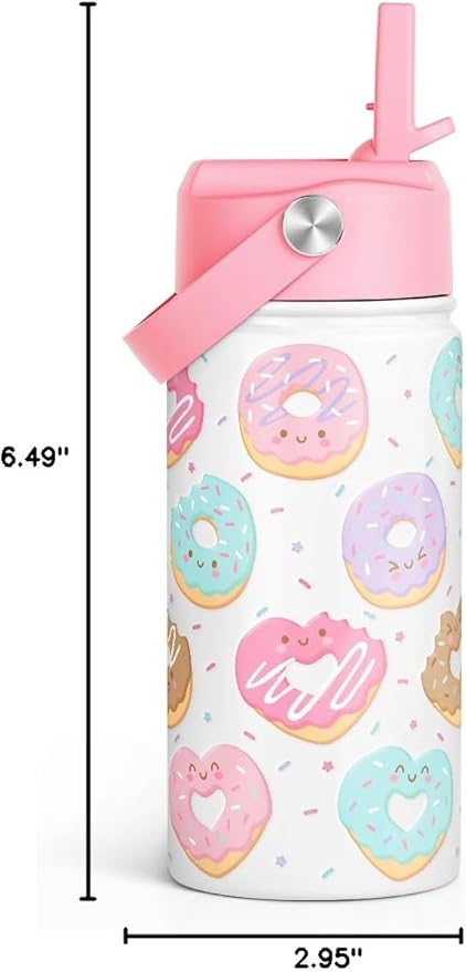 SANDJEST Donut Kids Water Bottle With Straw Lid 12oz Insulated Stainless Steel, Sprinkle Travel Tumbler, Gifts for Girls, Birthday, Christmas, Back To School