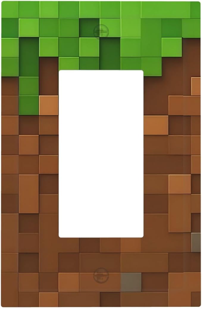 Pixel Style Gamer Themed Grass Block Decorative Outlet Covers 1 Gang Single Rocker Light Switch Cover Plate Wall Plates GFCI Faceplate for Kids Room Office Home Decor