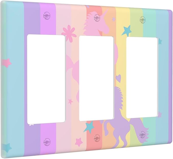 Cute Purple Pink Rainbow Unicorn 3 Gang Rocker Outlet Covers Triple Rocker Light Switch Cover Switchplates Wall Plate Decorative Electrical Faceplate for Nursery Girls Boys Room Kids Room Decor