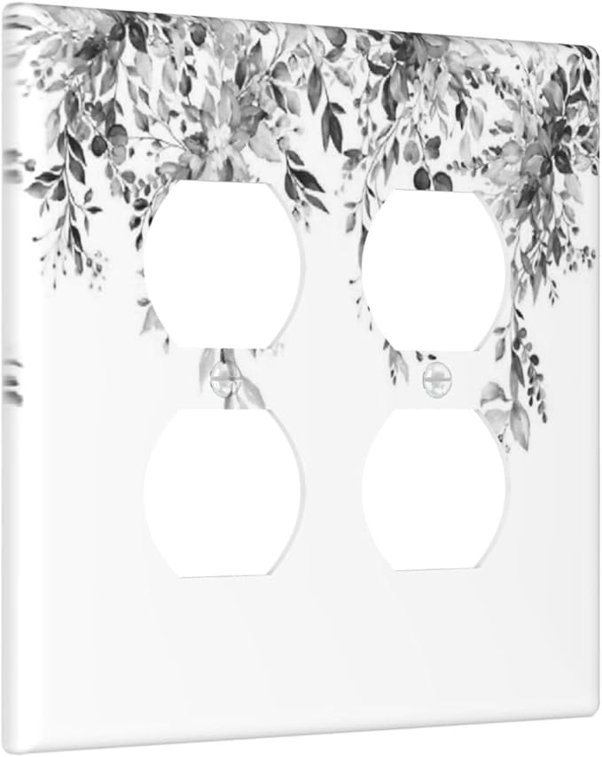 Outlet Covers Grey Floral Plant Eucalyptus Leaf Flower 2 Gang Double Duplex Decorative Light Switch Covers Electrical Wallplates Socket Faceplate For Bed Room Living Room Decor