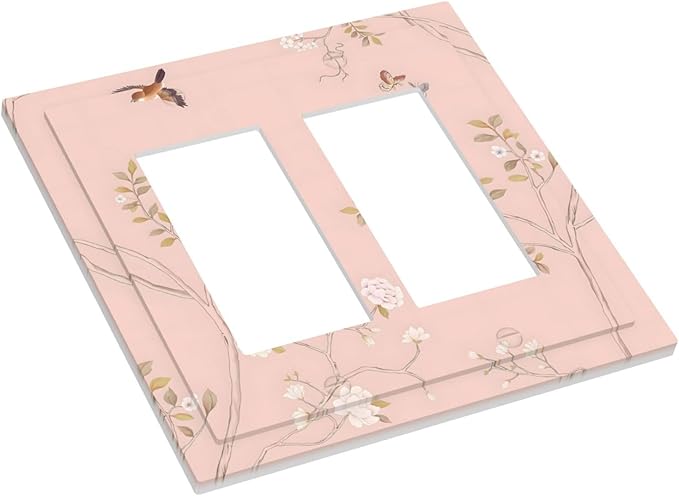 Pink Background Flowers Bird Butterflies Floral Decorative Outlet Covers 2 Gang Double GFCI Rocker Electrical Wall Panels Light Switch Cover Plate for Bedroom Living Room Decor