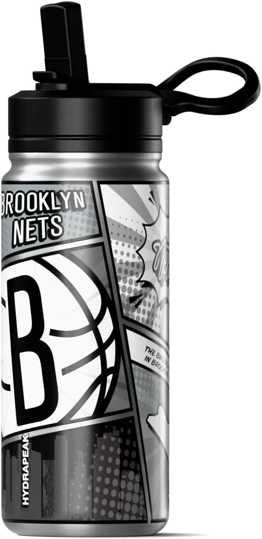Hydrapeak x NBA Brooklyn Nets 20 oz Stainless Steel Water Bottle, Officially Licensed Double Wall Insulated Sports Bottle with Straw Lid, Reusable Leakproof Gift for Kids & Adults