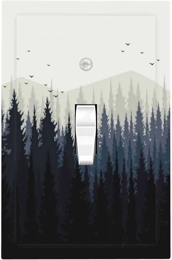 Decorative Light Switch Cover Forest Pine Tree Mountains Black Bird 1 Gang Single Toggle Device Electrical Faceplate Switchplates Decorator Outlet Wall Plate For Bed Room Farmhouse Decor