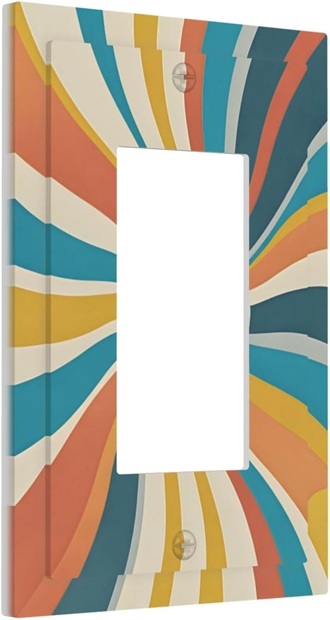 Decorative Light Switch Cover Plate with Retro Mid-Century Modern Sunburst Motif Design 1 Gang Rocker Outlet Covers Single Decora Gfci Device Wall Plate for Abstract Teal/Yellow/Orange Wall