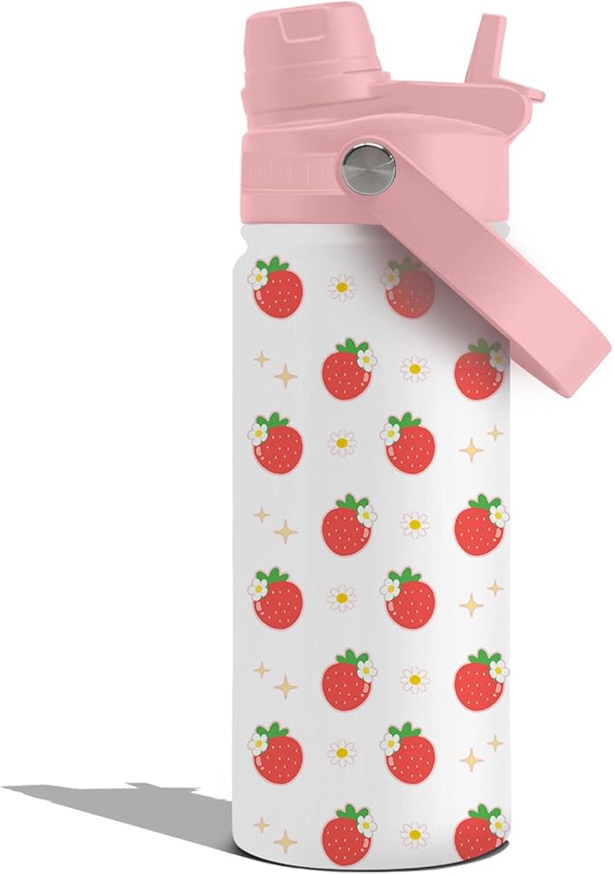 Insulated Water Bottle 18oz, Strawberry Gifts Water Bottle with 2-in-1 Straw and Spout Lid, Strawberry Cup Leakproof, Strawberries Cup for Strawberries Lovers, Birthday Gift Ideal for Girls