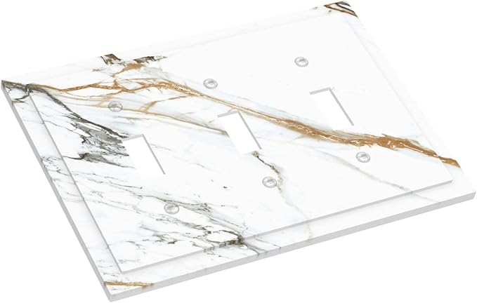 White Gold Marble Modern Abstract Luxury Print Decorative Switch Plates 3 Gang Wall Plate Triple Toggle Light Switch Cover Faceplate Electrical Wall Panels for Bathroom Kitchen Decor