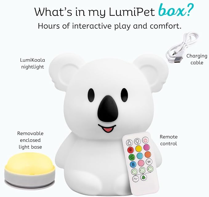 LumiPets Keith the Koala Squishy Night Light for Kids | Silicone Lamp with Tap & Remote Control | Rechargeable, 9 Color Changing Animal Night Light for Boys & Girls | Portable Nightlight With USB Cord