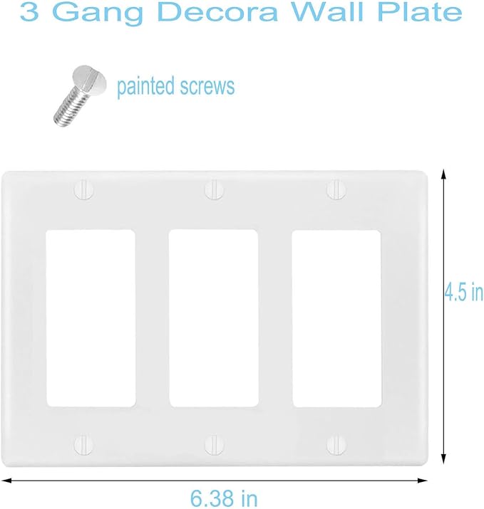 3-Gang Switch Outlet Wall Plate Cover Decorator Electrical Faceplate for Light Switch, Receptacle, Dimmers, USB Outlet, GFCI, White (3-Pack)
