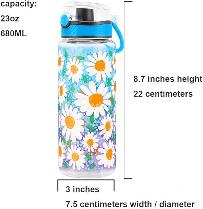 Home Tune Cute Water Bottle for School Kids Girls, BPA FREE Tritan & Leak Proof & Easy Clean & Carry Handle, 23oz/ 680ml - Daisy