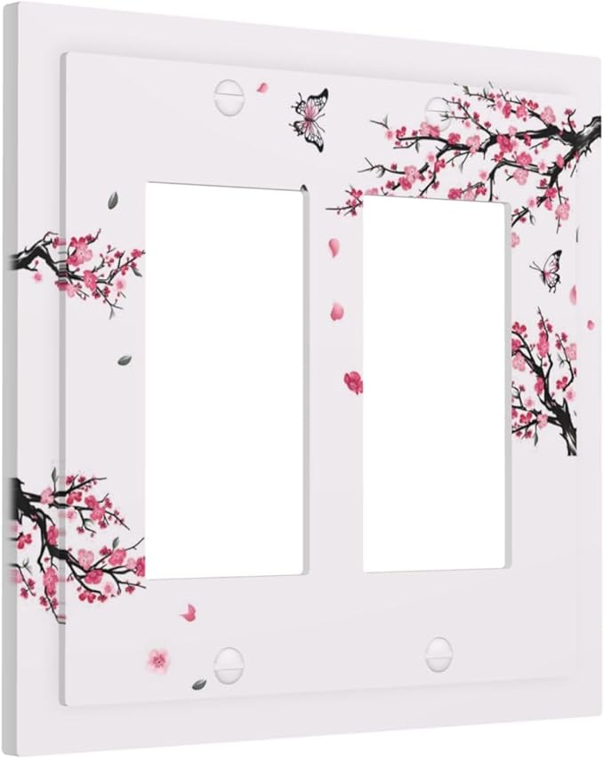 Pink Watercolor Cherry Blossom Flowe Tree Branch Floral Decorative Outlet Covers 2 Gang Double GFCI Rocker Electrical Wall Panels Light Switch Cover Plate for Bedroom Living Room Decor