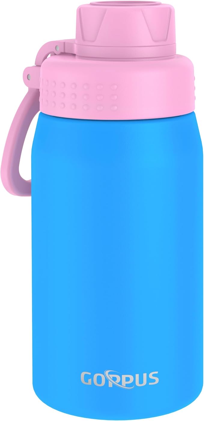 GOPPUS 15oz Kids Water Bottle with Spout Lid, Toddler Water Bottle, Stainless Steel Insulated Water Bottle, Leakproof, BPA Free, Suitable for Boys and Girls for School（Blue）