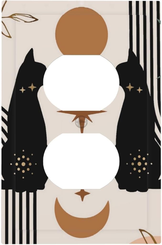 1 Gang Single Duplex Receptacle Outlet Cover Witchy Mystic Boho Mid Century Black Cat Moon Phase Lovely Leaf Animal Electrical Wall Plate One Gang Dual Device Light Switch Faceplate Socket Plug Cover
