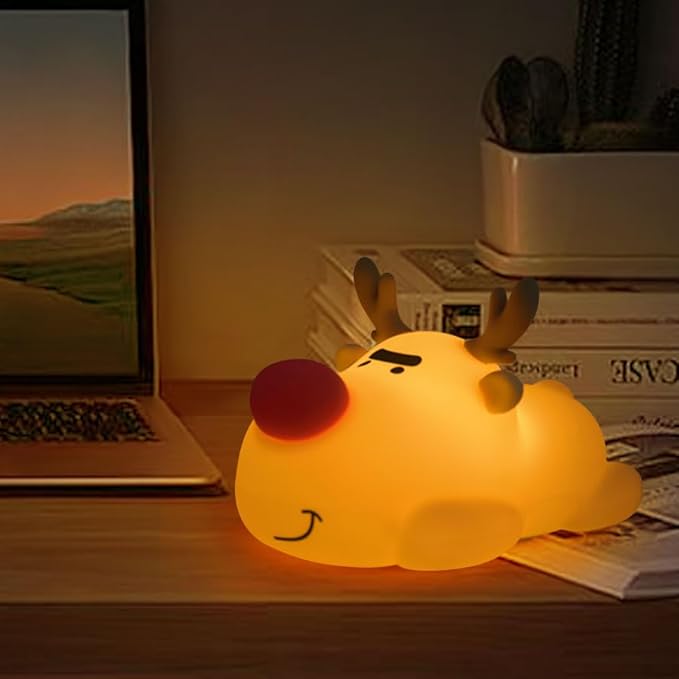 Reindeer Night Light, Soft Squishy Silicone Kids Nightlight, 3 Level Dimmable Touch Lamp with Timer, 1200mAh USB Rechargeable Baby Nursery Lamp, Xmas Gifts Kawaii Bedroom Decor