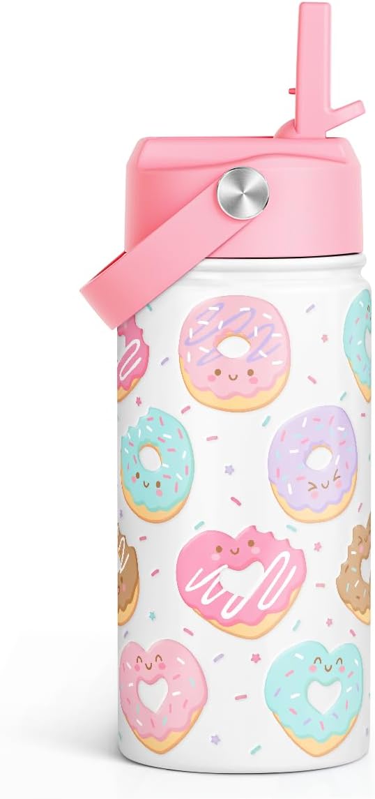 SANDJEST Donut Kids Water Bottle With Straw Lid 12oz Insulated Stainless Steel, Sprinkle Travel Tumbler, Gifts for Girls, Birthday, Christmas, Back To School