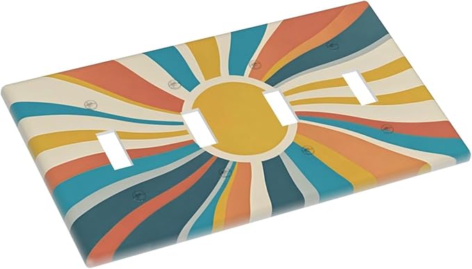 Decorative Switch Plate Cover with Retro Mid-Century Modern Sunburst Motif Design 4 Gang Artistic Wall Plate Unique Quad Toggle Light Switch Covers for Abstract Teal/Yellow/Orange Wall Decor