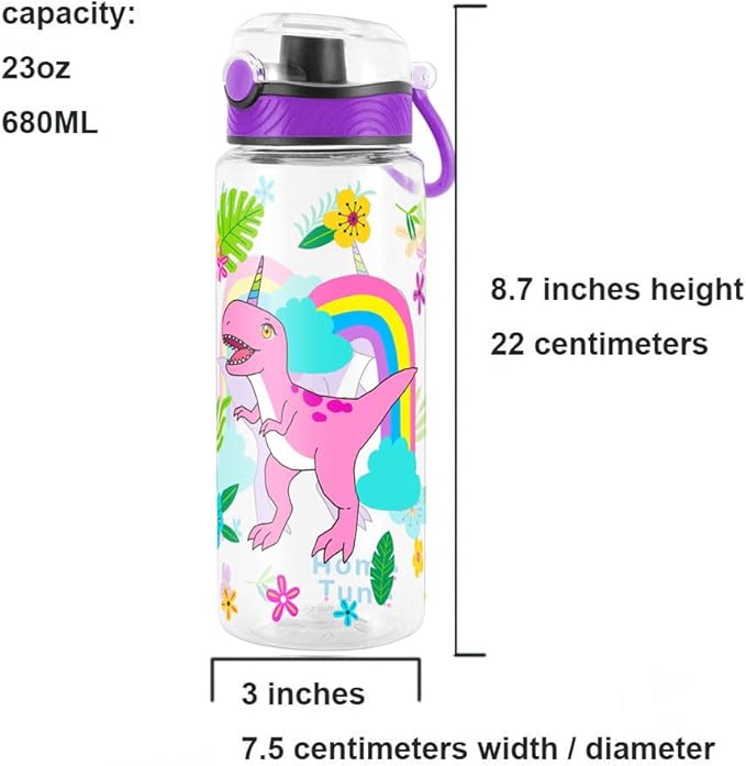 Home Tune Cute Water Bottle for School Kids Girls, BPA FREE Tritan & Leak Proof & Easy Clean & Carry Handle, 23oz/ 680ml (Rainbow Dinosaur)