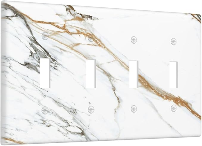 White Gold Marble Modern Abstract Luxury Print Light Switch Covers Quad Toggle Electrical Faceplate 4 Gang Wall Plate Decorative Switch Plates Cover for Bathroom Kitchen Decor