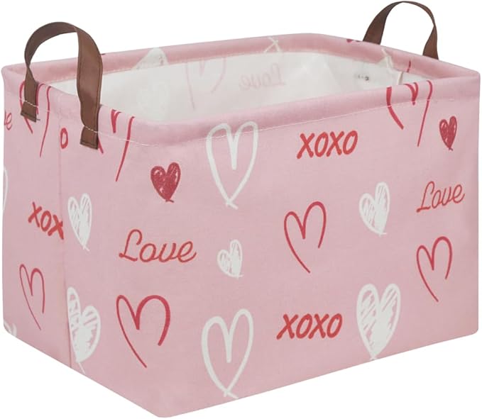 FXOLCSHE Rectangular Girl Pink Basket,XOXO heart gift box,Pink baskets with Handle Organizer,Nursery hamper,Gift baskest,Shelf Basket(XOXO hearts）