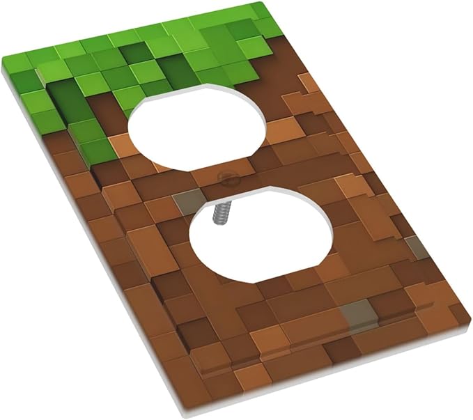 Pixel Style Gamer Themed Grass Block Outlet Covers 1 Gang Duplex Light Switch Cover Decorative Switch Plates Electrical Receptacle Faceplate Wall Plate for Kids Room Office Home Decor