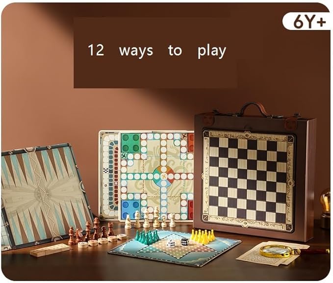 Board Games 12-in-1 Classic Wooden Board Game Set Chess Checkers Backgammon and More Premium Multi-Game Collection