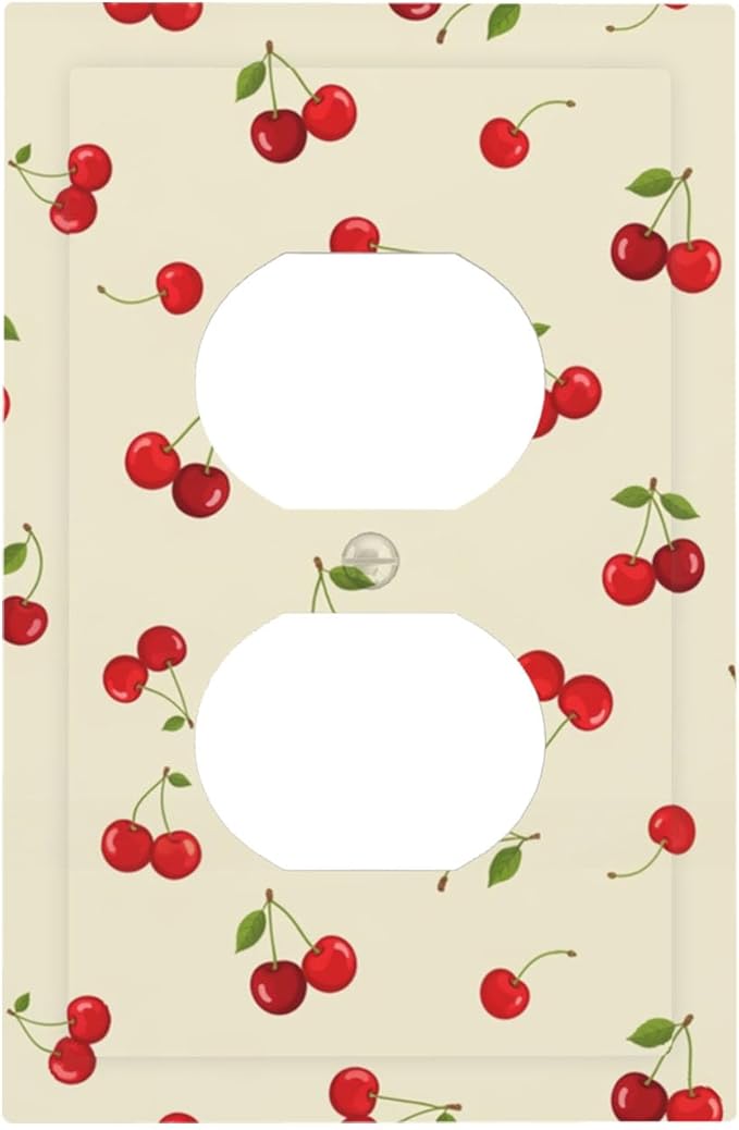 Sweet Cherry Blossom Duplex Wall Plate - 1-Gang Standard US Size Playful Cherry Duo Outlet Covers, Retro Cherry Print for Girls Room Decor