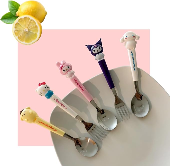 Stainless Steel Cutlery Tableware Flatware Silverware 3 Piece Set Portable Reusable Travel Cute Kawaii Anime Cartoon Dog Bunny for Boys and Girls (Pink Melody)