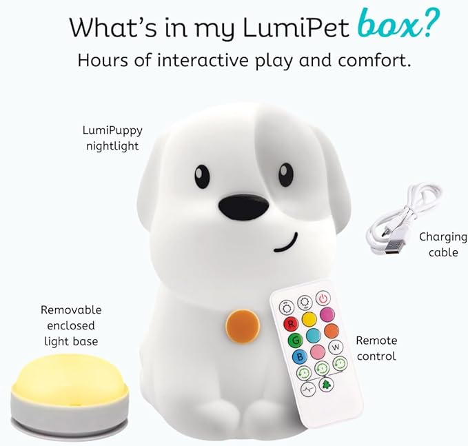 Lumipets Pepper The Puppy Dog Squishy Silicone Night Light for Kids | Cute Night Light with Remote & Touch Control for Baby & Toddler Bedrooms | Color Changing Animal Lamp | Soft Portable Nightlight