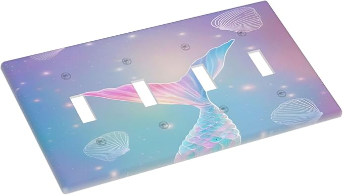 Cute Mermaid Pink Tail Scales Shells Colorful Ocean Light Switch Covers Quad Toggle Electrical Faceplate 4 Gang Wall Plate Decorative Switch Plates for Kids Room Nursery Decor
