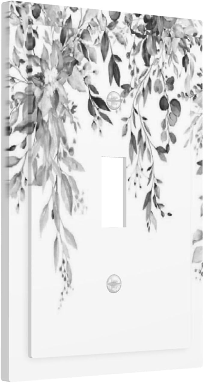 Decorative Light Switch Cover Grey Floral Plant Eucalyptus Leaf Flower 1 Gang Single Toggle Device Electrical Faceplate Switchplates Decorator Outlet Wall Plate For Bed Room Living Room