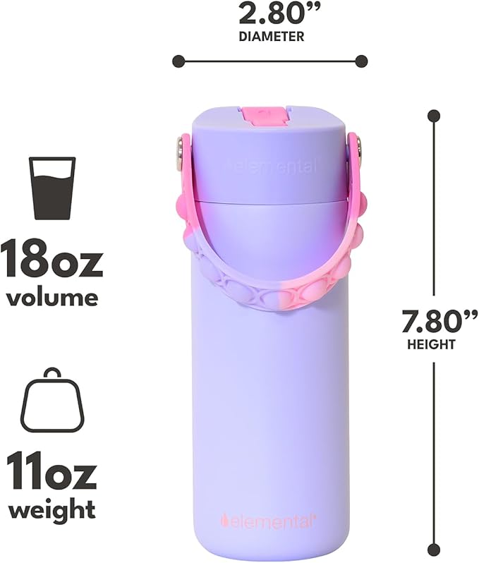 Elemental Insulated Kids Water Bottle, Stainless Steel Water Bottle with Straw Lid & Pop-It Handle, Leak-Proof Water Bottles for School, Boys or Girls, Travelling and Sports, 18oz - Lilac Tie Dye