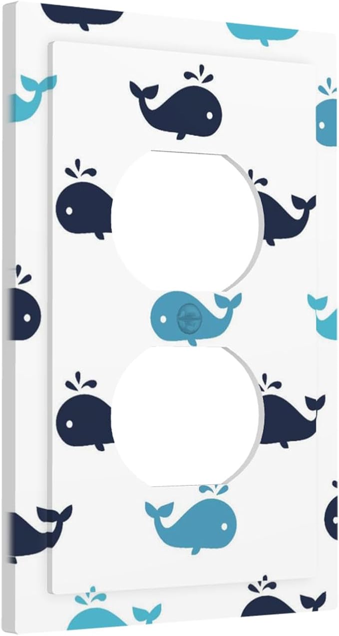 Cute Blue Whales Duplex Wall Plate - 1-Gang Standard US Size Nautical Whale Pod Outlet Covers, Minimalist Coastal for Nursery Decor